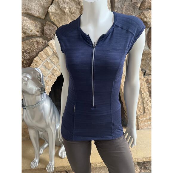 Athleta Front Zip Ruched Cap Sleeve Blue Short Sleeve Shirt Women's Size Small - Picture 1 of 6